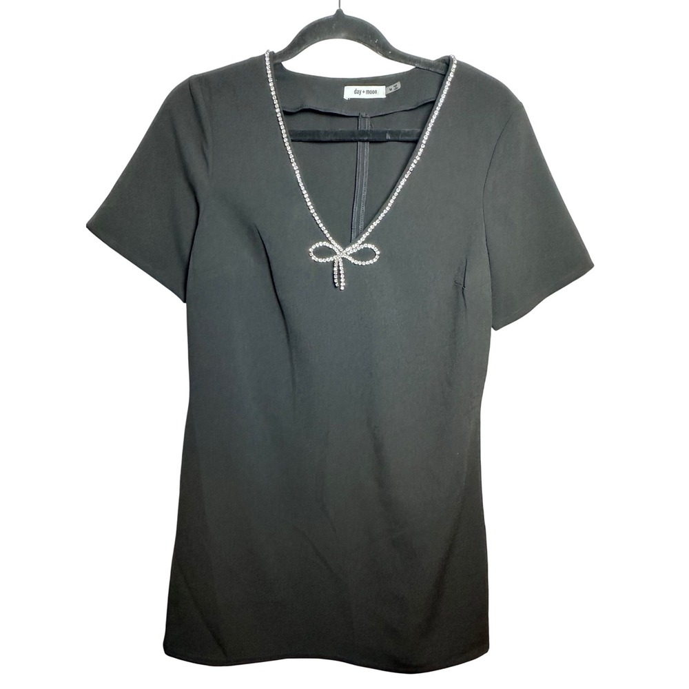 Day + Moon Black Rhinestone Bow V Neck Short‎ Sleeve Mini Dress